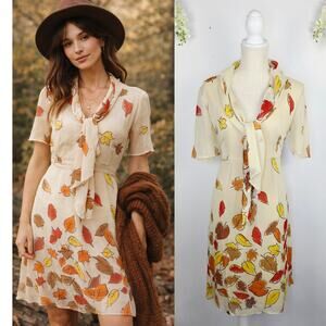 Twist Dress Size 10 Cream Leaf Print Sheer Tie Neck Fall Boho Cottage Goblincore